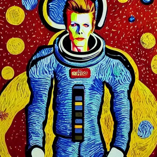 Image similar to an artistic photo of david bowie as a astronaut in space, high quality, studio photography, colourful, hero, 1 9 8 8, heroic, beautiful, in the style of vincent van gogh