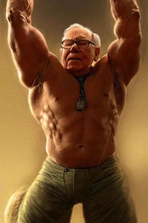 Image similar to portrait of warren buffett posing ultra realistic illustration, a hulking herculean gigachad, bulging muscles, intricate, highly detailed, digital painting, artstation, radiant light, caustics, war hero, concept art, smooth, sharp focus, by gaston bussiere, bayard wu, giger, maxim verehin