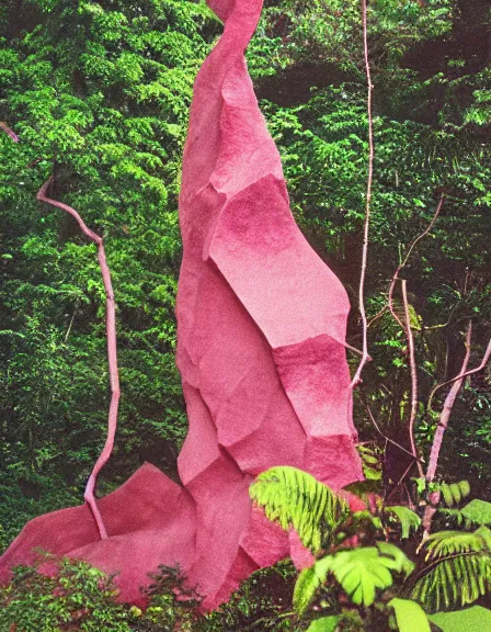 Prompt: vintage color photo of a giant 1 1 0 million years old abstract sculpture made of liquid pink and gold covered by the jungle vines