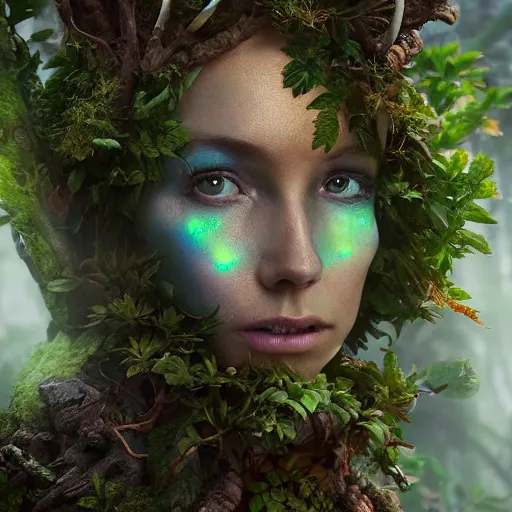 Image similar to high definition digital fantasy character art, hyper realistic, hyperrealism, elemental guardian of life, forest dryad, woody foliage, 8 k dop dof hdr fantasy character art, by aleski briclot and alexander'hollllow'fedosav and laura zalenga