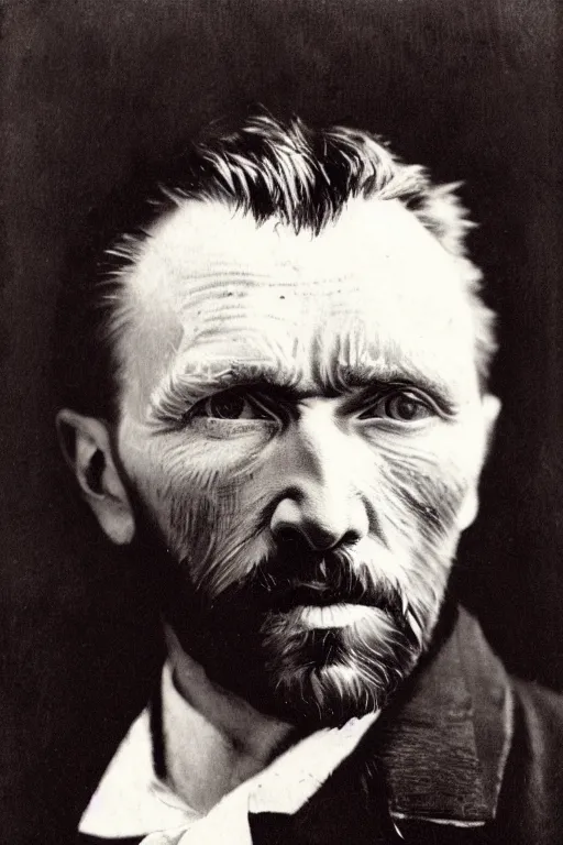 Image similar to a monochrome daguerrotype realistic, supersharp, photographic portrait of vincent van gogh, shallow depth of field