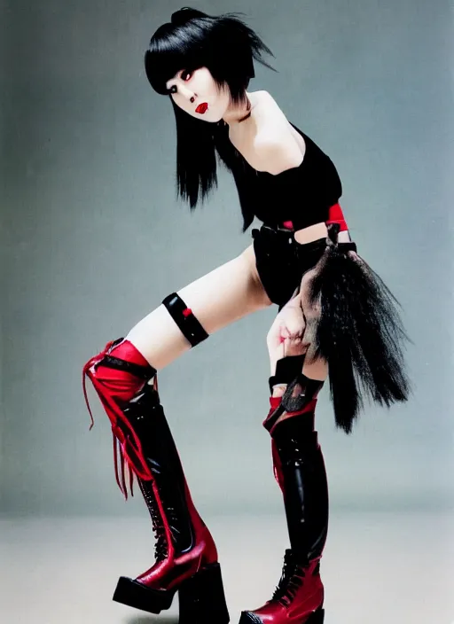 Image similar to photograph of 9 0 s japanese goth girl wearing platform boots and leather outfit, realistic, magazine photo, black eyeliner, long black ponytail, red lipstick