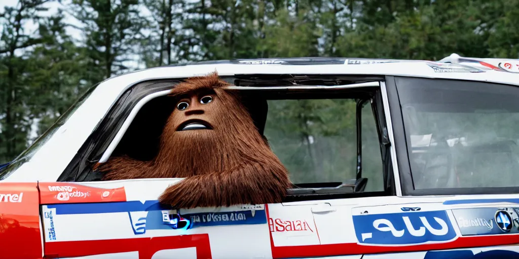 Image similar to sasquatch hanging out the window of a bmw race car