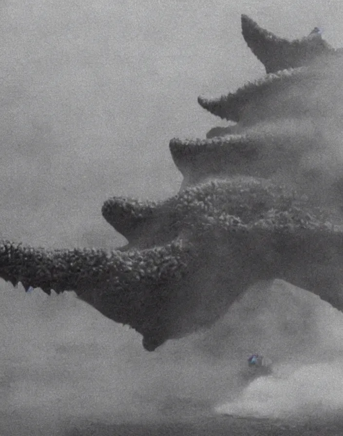 Image similar to a filmstill of a north korean monster movie, kaiju - eiga monster starfish - like trampling a traditional korean palace, foggy, film noir, video compression