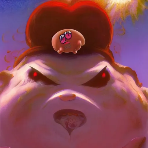 Prompt: kirby binding of isaac, holding meatloaf, hyper realistic, sloppy, gross, meatloaf, hyper realistic, terrifying, disturbing, strange, bizarre, masterpiece, 4 k, vivid colors, elegant, john park, frazetta, john howe, ruan jia, jeffrey catherine jones