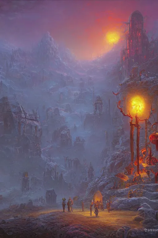 Prompt: Hell realms by Simon Stålenhag, Ralph Horsley,Thomas Kinkade, oil on canvas