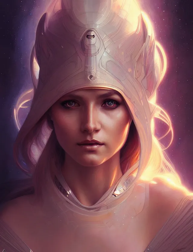 Image similar to futuristic woman portrait, sci-fi, amber eyes, face, long hair, fantasy, intricate, elegant, highly detailed, digital painting, artstation, concept art, smooth, sharp focus, illustration, art by artgerm and greg rutkowski and alphonse mucha