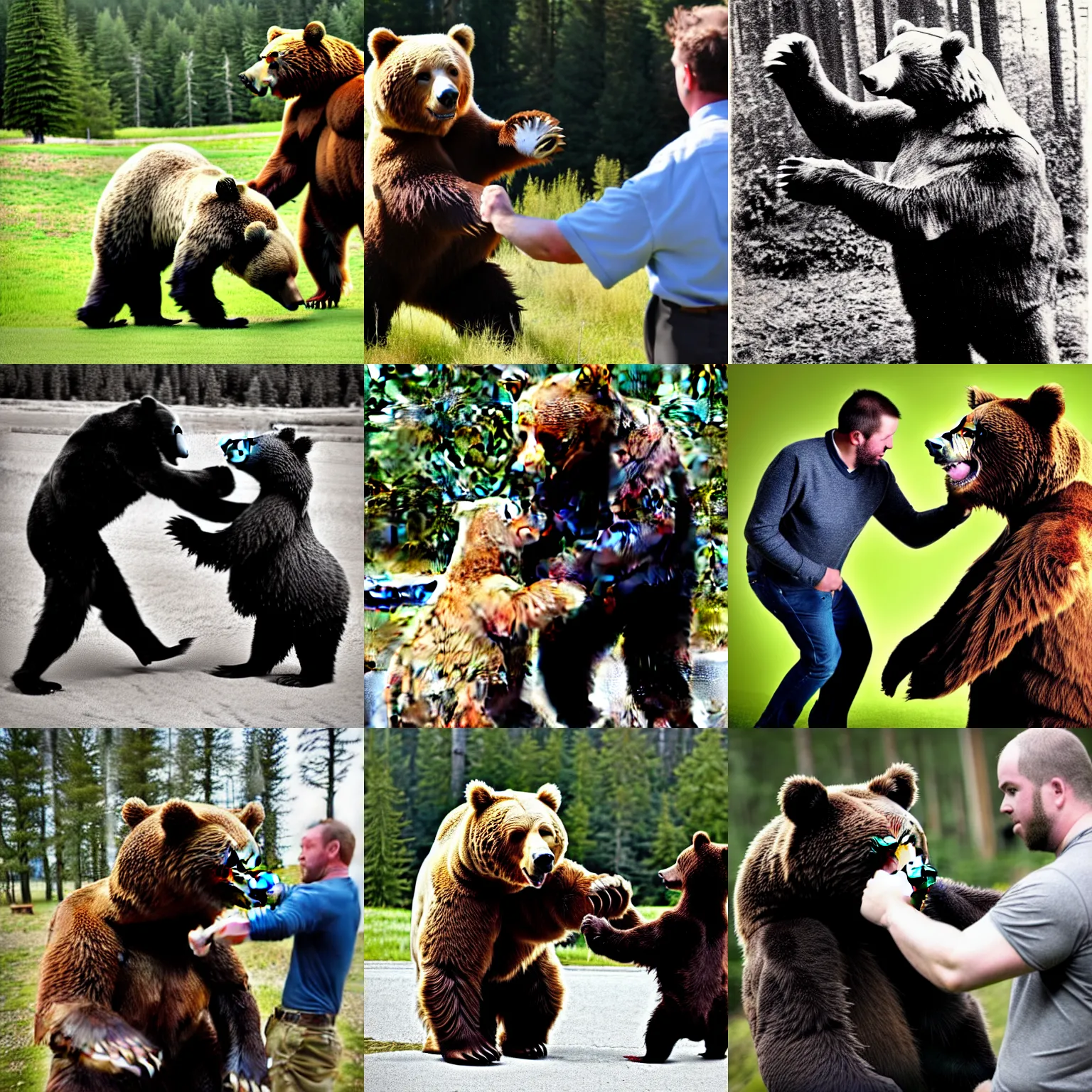 Prompt: photo, A man punching a bear.