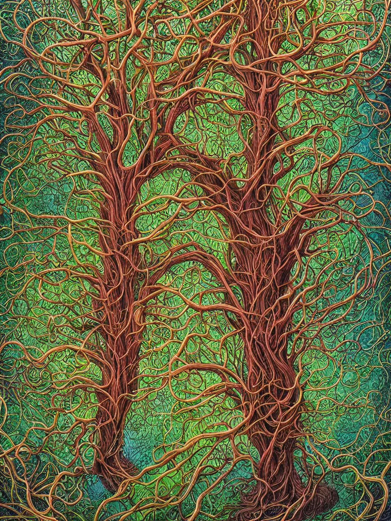 Prompt: A hyperrealistic mixed media relief of a tree growing from a network of hyphae, nerves, slime mold, and rhizomorphic fungus. Shaped like roots and neurons. Lush botanical, colorful, surreal. By Dan Mumford and Jacek Jerka and Karol Bak.