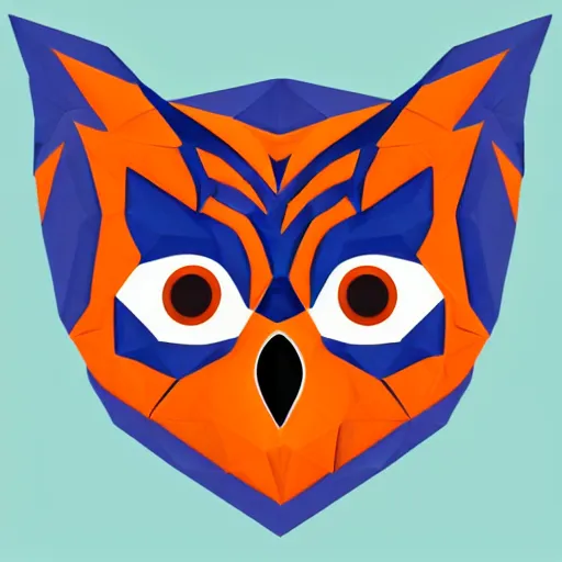 Prompt: logo featuring an owl's head as origami art with piercing white eyes, blue and orange colors, white background, Cut style, detailed