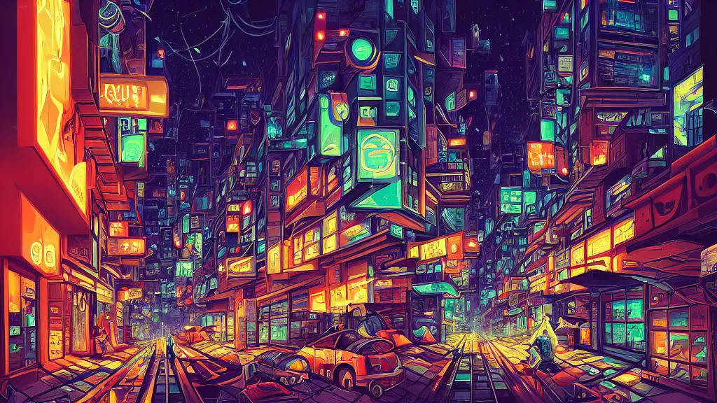 Prompt: street view of the city at night by cyril rolando and naomi okubo and dan mumford and zaha hadid. robots. flying cars. advertisements. neon. night train.