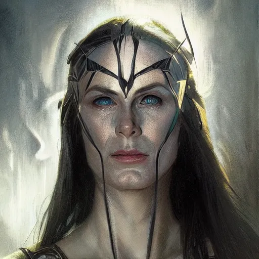 Image similar to ''face portrait of hela from norse mythology covered in shadows, black shadows, greece, fantasy, dungeons and dragons, d & d, digital painting, artstation, concept art, sharp focus, illustration, art by greg rutkowski and alphonse mucha''