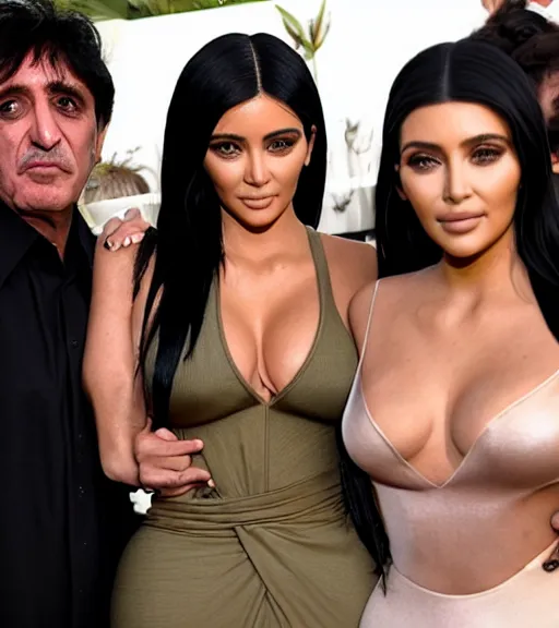 Prompt: Tony montana hugging kim kardashian & kylie Jenner in a derelict mafia mansion