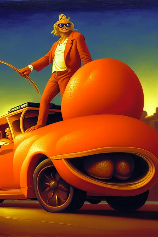 Prompt: classic oil painting, a giant orange fruit wearing sunglasses driving at night in miami as a dnd character, cottagecore, highly detailed, digital illustration, concept art, smooth, sharp focus, art by tim hildebrandt, and greg hildebrandt