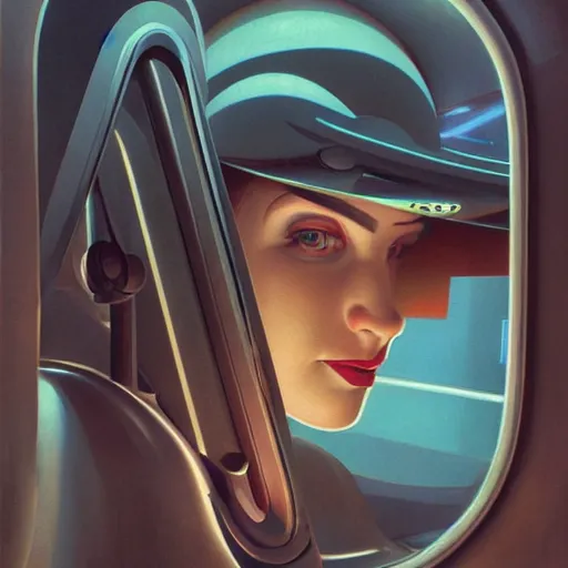 Image similar to detailed face of a woman, clockwork, moment, tectonic sky, skydome, bullet train, jets, turbines, utopian, tech noir, wet reflections, prism, atmospheric, ambient, pj crook, syd mead, livia prima, greg rutkowski, edward hopper