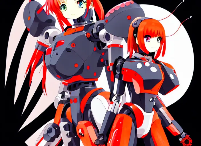 Image similar to anime girl beside her battle mecha,Karolis Strautniekas, omoide emanon, tsuruta kenji, murata range,kawaii, kyoto animation, manga, intricate, detailed, studio lighting, orange red black white, gradation,editorial illustration, matte print, Ilya Kuvshinov, fine stippling