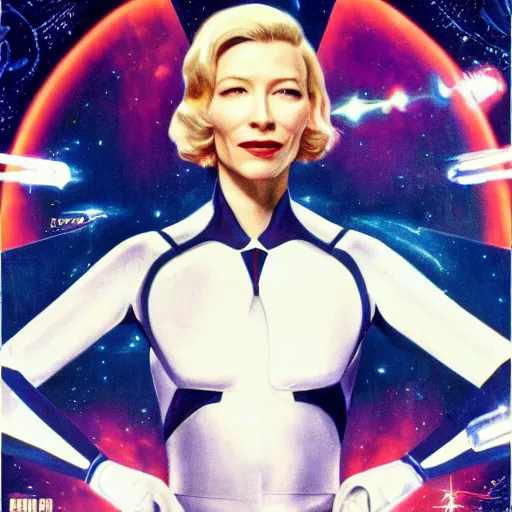 Image similar to retro scifi poster of cate blanchett