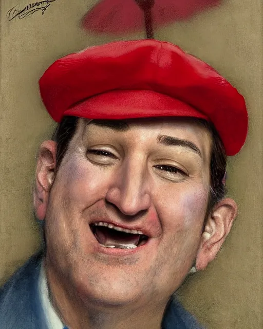 Prompt: closeup portrait of whimsical conniving ted cruz wearing a red maga cap, court jester in renaissance era,, masterpiece, by donato giancola and greg rutkowski and wayne barlow and zdzisław beksinski, high contrast, realistic face