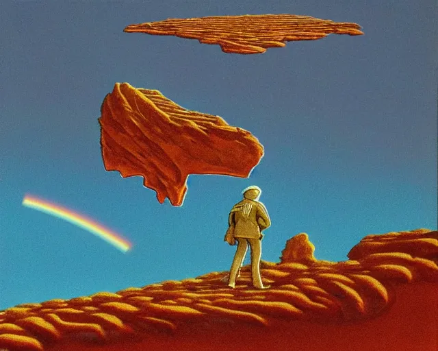 Image similar to roger dean 1 9 8 0 s art of a lone man walking in the dry desert of a strange bizarre alien planet surface lakes reflective clear blue water, rainbow in sky, imagery, illustration art, album art