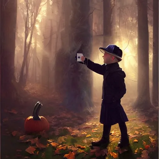 Prompt: epic masterpiece of cinematographic hyperrealism where a boy dressed up for halloween appears taking a photo with his happy phone. realistic shaded lighting poster by craig mallismo, artgerm, jeremy lipkin and michael garmash, unreal engine, radiant light, detailed and intricate environment, digital art, art station trends