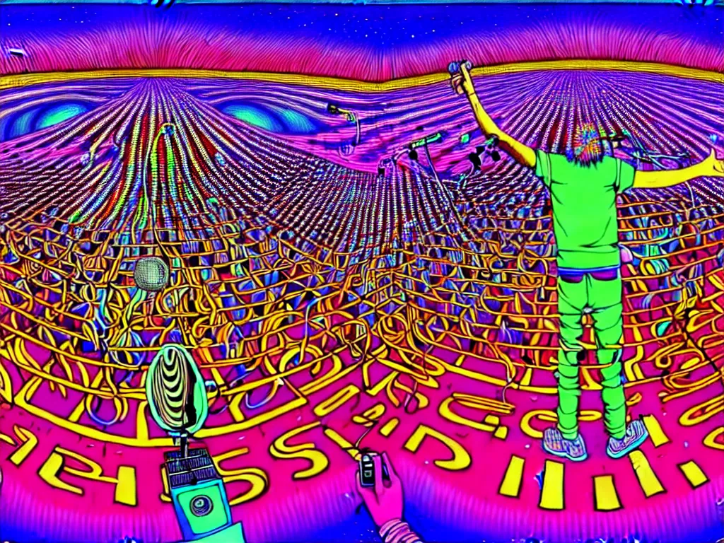 Image similar to rapping on stage at festival, holding microphone, giant crowd, epic angle, happy, psychedelic, hip hop, surreal, neon, vaporwave, detailed, illustrated by Alex Grey, 4k