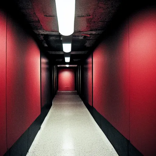 Image similar to a pitch black hallway with no windows and one deep red exit sign at the end, photographed at night