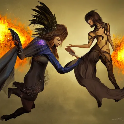 Prompt: two identical beautiful sorceresses battling, detailed digital art, full of detail, realistic lighting