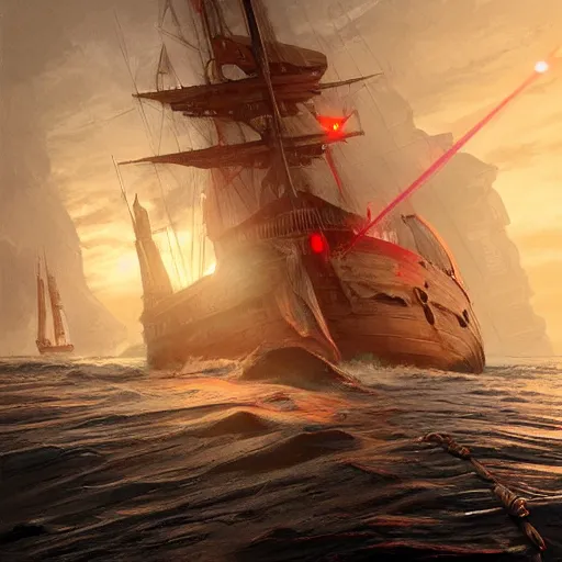 Prompt: a red laser from deck of an old warship with sails, unreal engine, octane render, style of midjourney, highly detailed, elegant, digital illustration, detailed, intricate, sharp focus, digital painting, deep focus, artstation, art by artgerm and greg rutkowski