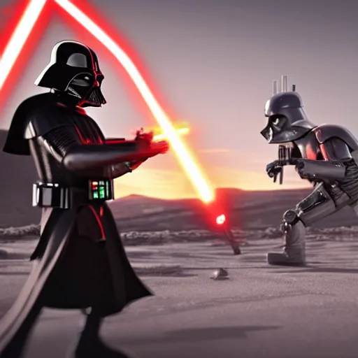 Prompt: darth vader wielding his light saber against robocop who is pointing a gun at him, against a barren landscape at sunset, warm, fine detail, epic composition, unreal engine.
