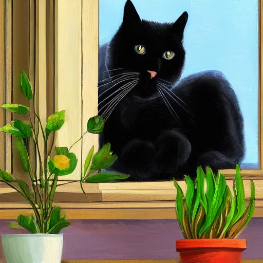 Prompt: peaceful dreamy painting of a content black cat sitting by a window, sunshine coming through the window, small plants on the window sill, 4k resolution, highly detailed, ultra realism