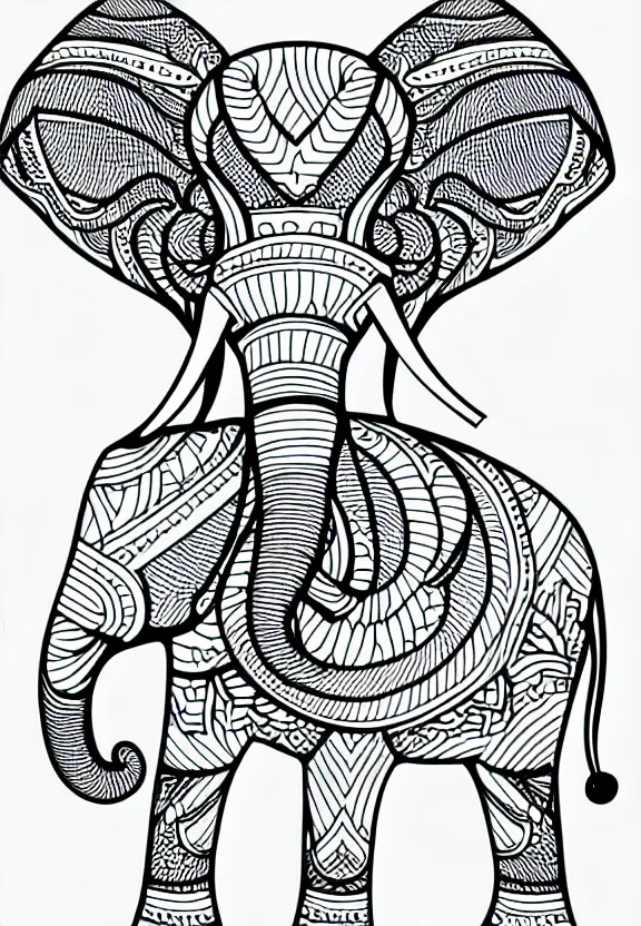 Prompt: elephant ornaments fractal ink drawing line art colouring page vector