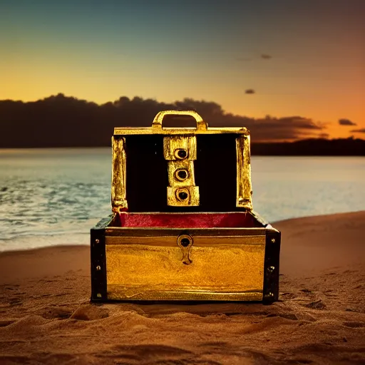 Prompt: Photo of a treasure chest filled with gold and golden accessory on a island, 8k, golden hour, dramatic lighting