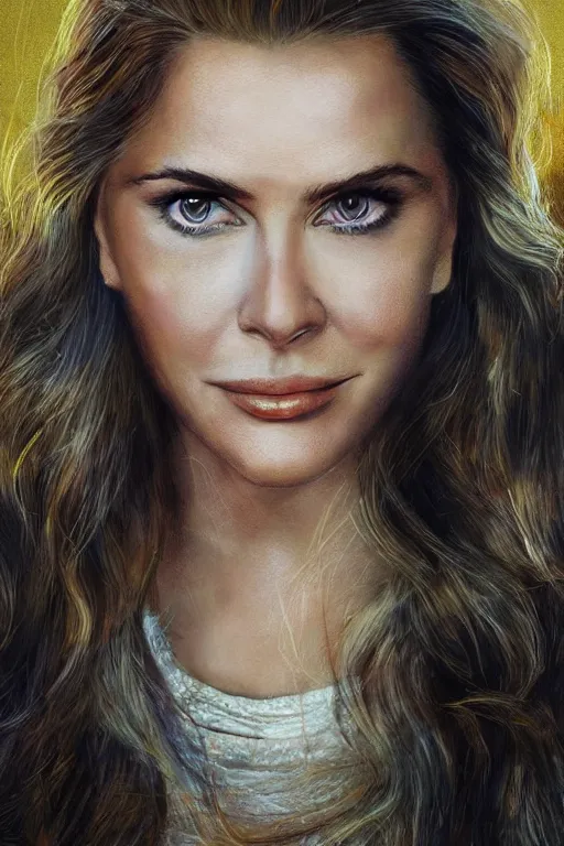 Image similar to portrait of a mix of beautiful young maria shriver, mariel hemmingway, brooke shields, nicole kidman and elle macpherson as a mermaid, thin lips, hair tied up in a pony tail, colorful artstation, cgsociety