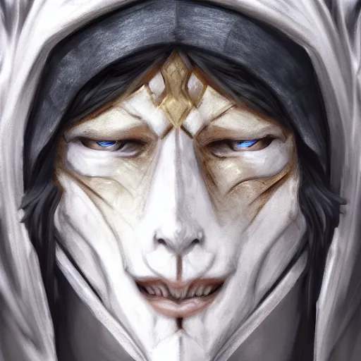 Image similar to a hyper realistic and detailed portrait of zum the planeswalker wearing a white marble mask, focus on face, mystic, mysterious, merchant collector, 8k, no skin, black eyes, trending on artstation, fog, masterpiece, in the style of Hou China