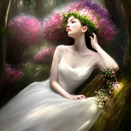 Image similar to a picture of a beautiful woman in a white organza dress and covered in flowers and leaves sitting sitting in an enchanted forest, high fantasy, elegant, epic, detailed, intricate, digital painting, concept art, realistic detailed face, smooth, focus, volumetric light and rim light,