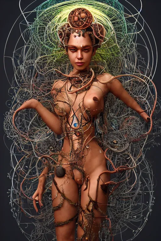 Prompt: an immaculate render of a dancing mystical tribal goddess adorned with robotic scrap and cables and synthesizer parts is surrounded by wild tentacles made from mandalas and incense smoke, full body, perfect face, powerful, cinematic, beautifully lit, by artgerm, by karol bak, 3 d, trending on artstation, octane render, 8 k