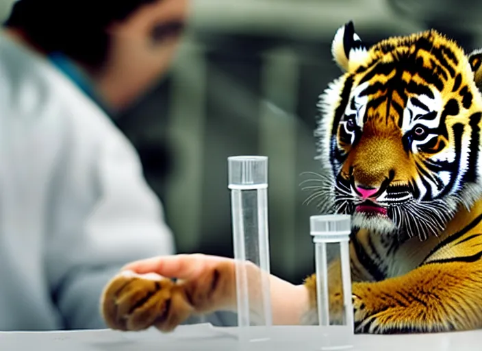 Image similar to film still of a tiger cub working in a research lab filling test tubes, 8 k