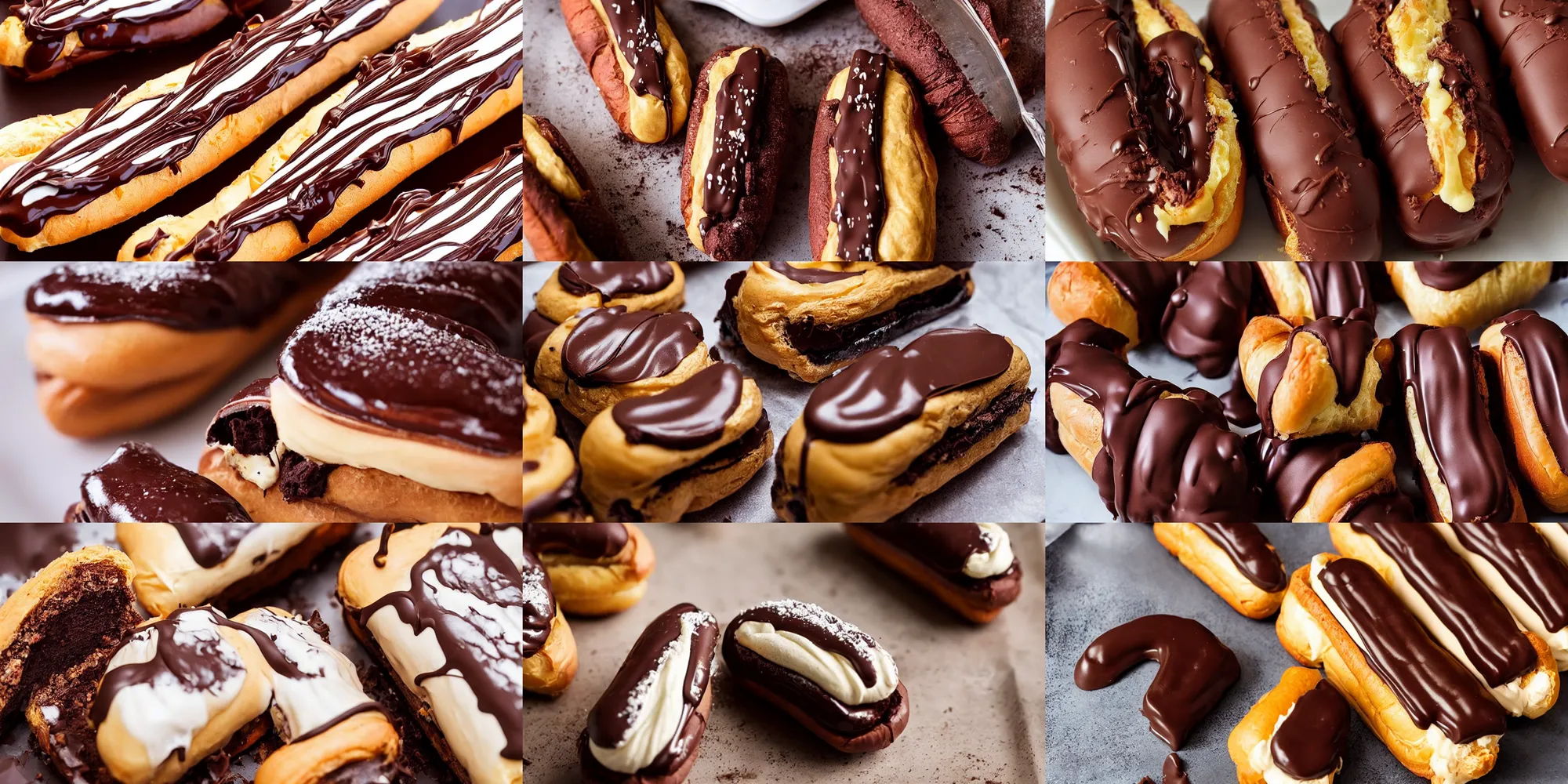 Prompt: a delicious chocolate eclair, high definition, food photography, DSLR, close up shot, pinterest