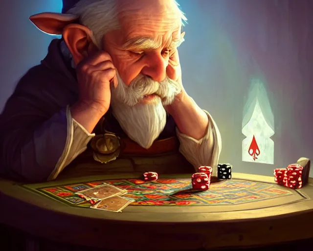 Image similar to little old gnome, playing poker, deep focus, d & d, fantasy, intricate, elegant, highly detailed, digital painting, artstation, concept art, matte, sharp focus, illustration, hearthstone, art by artgerm and greg rutkowski and alphonse mucha