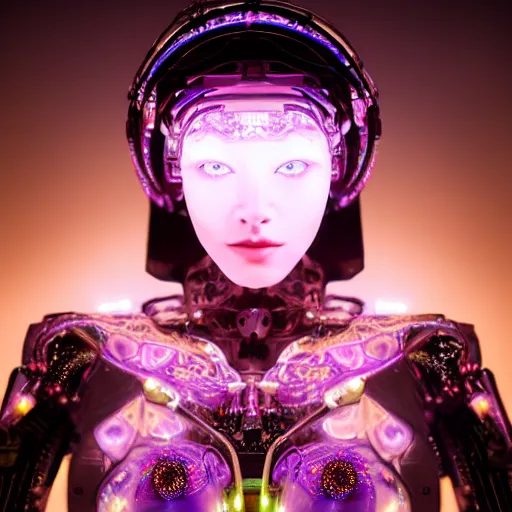 Prompt: beautiful Fine art photo portrait of enraptured Morgan Lee as a solarpunk robotic goddess, white mechanical parts with led lights, photorealistic, white background, highly detailed and intricate, sunset lighting, HDR 8k