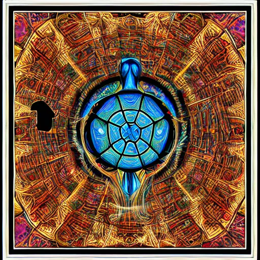 Prompt: turtle sparrow crystal apotheosis, in the style of alex grey and maxfield parish,