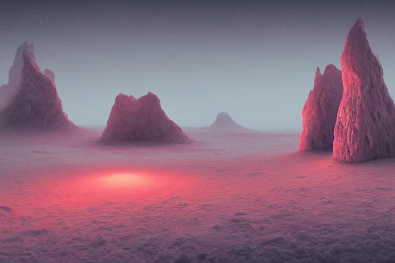 Image similar to a hd render of a surreal frozen landscape, cinematic lighting, by beeple and zdzisław beksinski, red color scheme