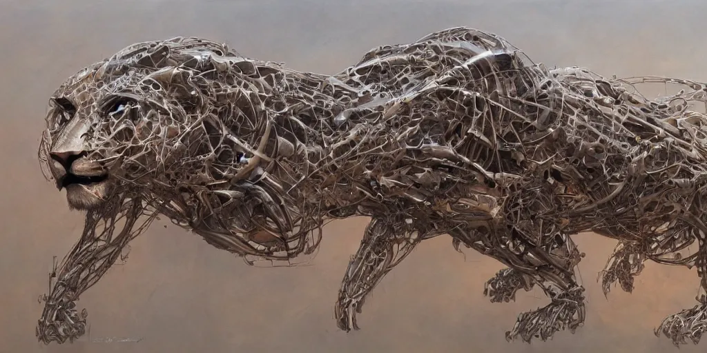 Prompt: A beautiful painting of a biomechanical lion by Peter Gric, ConceptArtWorld, DeviantArt, Nvidia, Trending on artstation, Unreal Engine