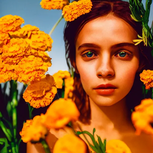 Prompt: realistic expired kodak film portrait of an angel woman flowers, marigold celestial vibe, hyperrealism, hypermaxiymalism, photorealistic, detailed, atmospheric, 8 k, award winning photography, cinematic