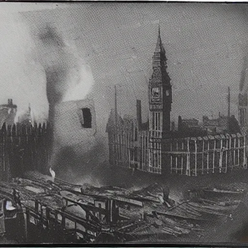 Prompt: a Polaroid photo of the great London fire of 1666, medieval London