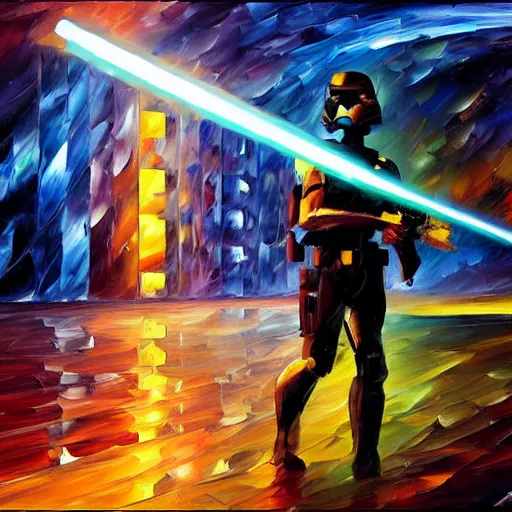 Image similar to A Neon Dark Trooper scanning a room with pulsating laser, artwork by Leonid Afremov