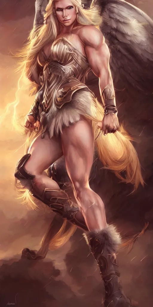 Image similar to painting of muscular and beautiful blonde valkyrie with long hair, fantasy art, full shot, atmospheric lightning, by artgerm