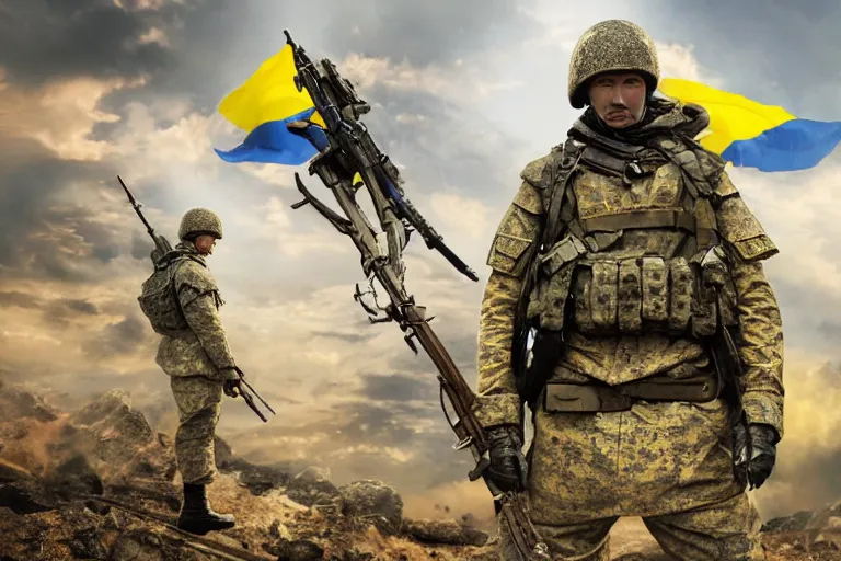 Image similar to promotional image of <Ukrainian fully equiped soldier with blue and yellow flag standing victoriously on a pile of skulls> as <Professional soldiers> in the new movie directed by <Tetsuya Nomura>, <fully equiped professional soldiers>, fantasy, detailed face, movie still frame, promotional image, imax 70 mm footage