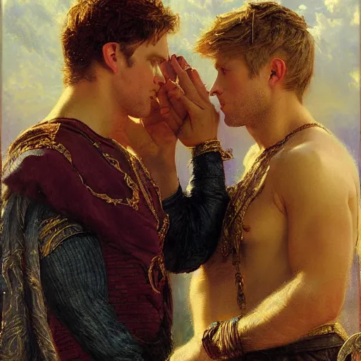 Image similar to attractive male, arthur pendragon who has blond hair confesses his love to attractive male, merlin who has dark hair. highly detailed painting by gaston bussiere, craig mullins, j. c. leyendecker 8 k