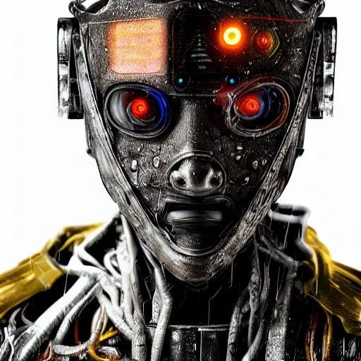 Image similar to photo taken of an epic intricate, ultra detailed, super realistic gritty, wet, lifelike sculpture of a cyberpunk ninja robot with neon vein on his body, zoomed in shots, subsurface scattering, photorealistic, sharp focus, white wall coloured workshop, cold colour temperature, face centred, golden ratio,
